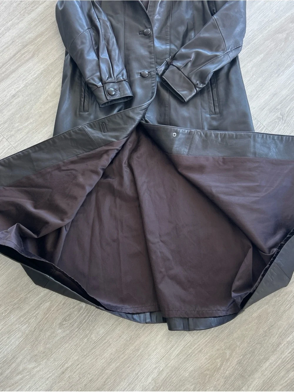 Vintage Leather Coat Womens M Brown Lamb Leather Fur Trim Hood Made Canada Long - Picture 8 of 15